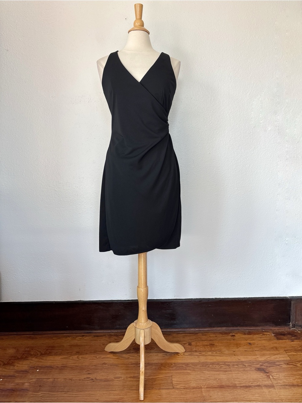 Vintage Late 90s Y2K Classic Black Wrap-Style Sleeveless Office Siren Dress